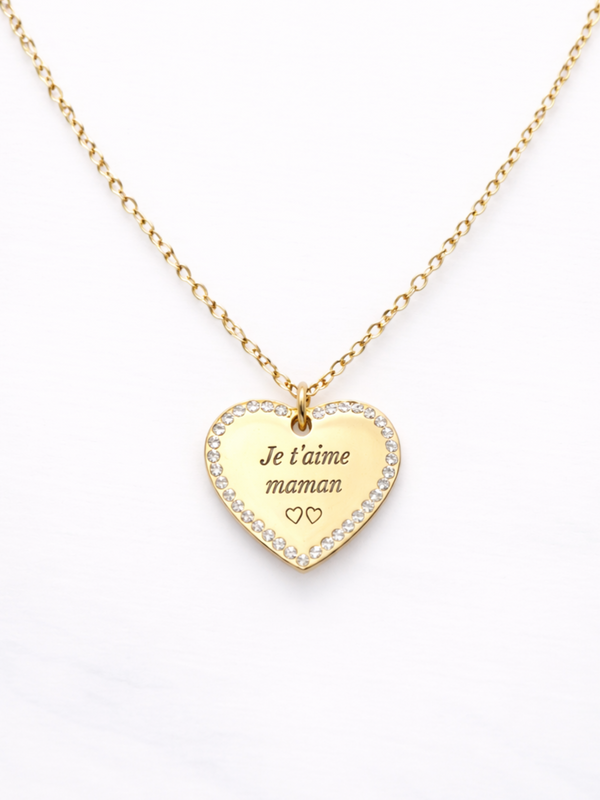 Collier coeur zircons à graver | Coloris au choix