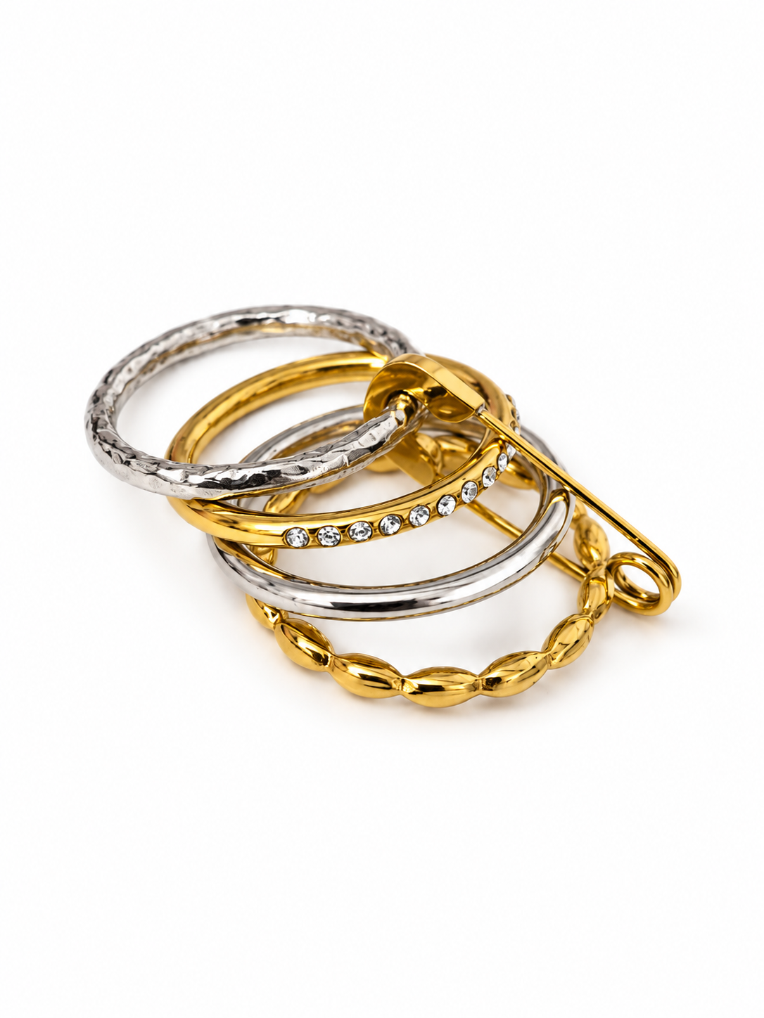 Bague multi-anneaux dorés et argentés avec épingle en acier inoxydable