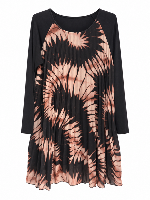 Robe plissée imprimé tie-dye noir et rose avec manches longues noires