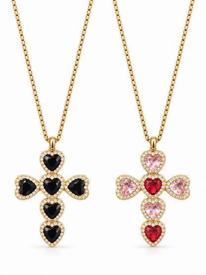 Collier croix cœurs noir et rose en acier inoxydable doré