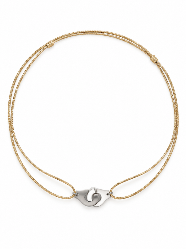 Bracelet cordon doré réglable avec breloque menottes argentée