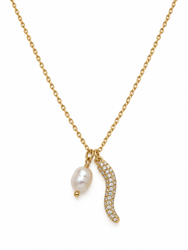 Collier corne d'abondance sertie de zircons & perle