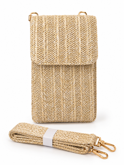 Pochette téléphone effet paille dorée avec bretelle