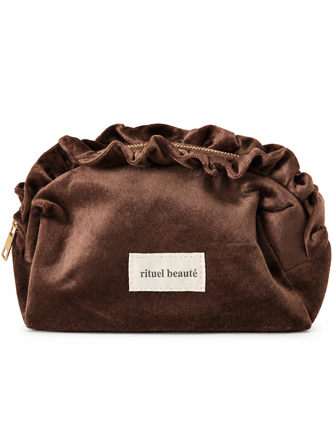 Trousse de beauté velours bordeaux à volants, étiquette rituel beauté