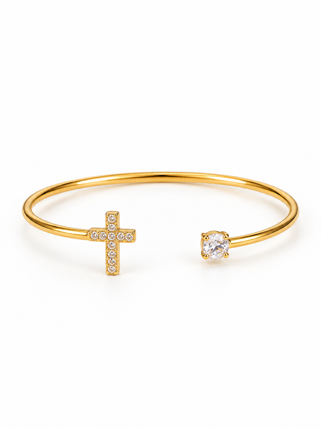 Jonc ouvert doré avec croix et pierres brillantes