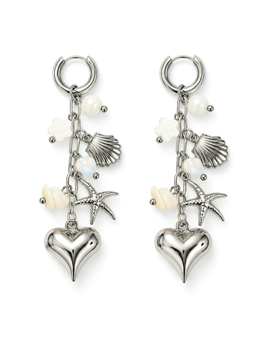 Boucles d'oreilles argentées charms coquillage, étoile de mer et cœur