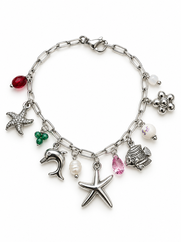 Bracelet étoile de mer, dauphin et perles colorées - argenté