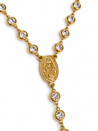 Sautoir chapelet doré MARIELLA, zircons et médaille de la Vierge