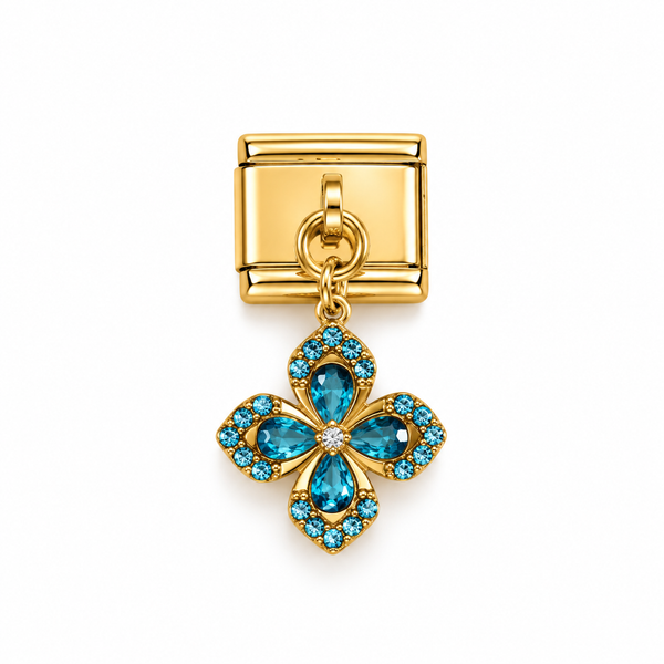 Charm italien breloque fleur stylisée zircons bleus