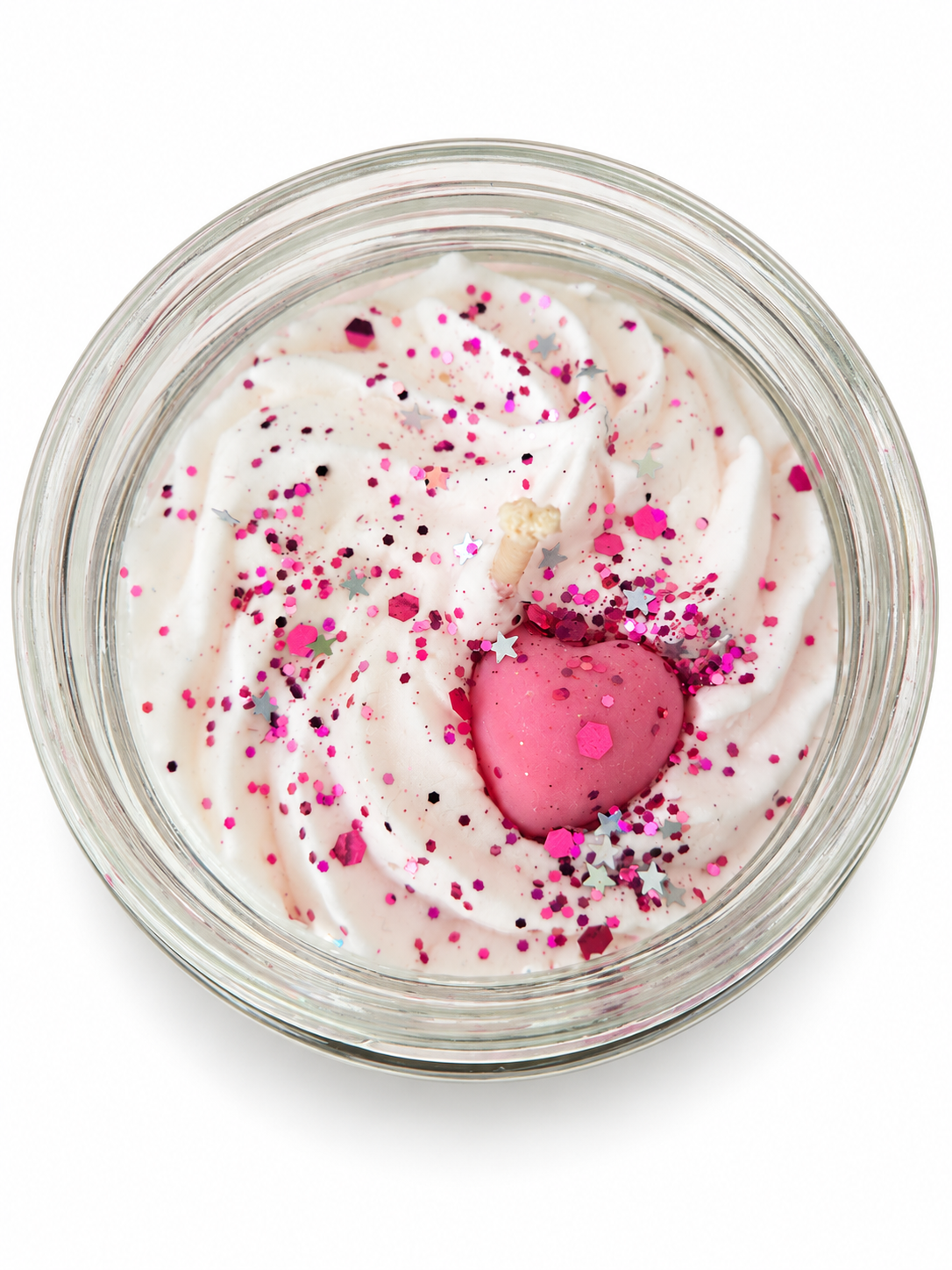 Bougie gourmande Linge frais vue du dessus, cœur et paillettes
