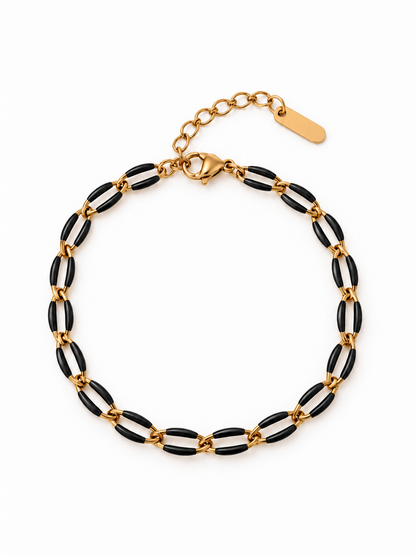 Bracelet maillons ovales émaillés noir et chaîne dorée, personnalisable avec des charms