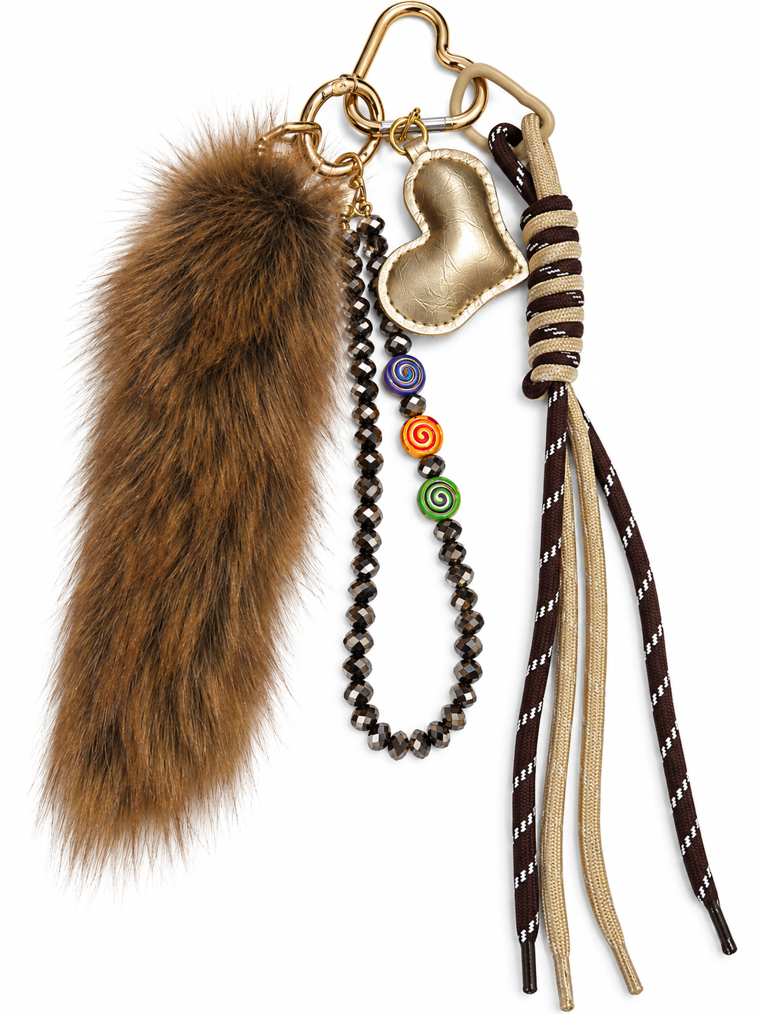 Bijou de sac et porte-clés fourrure marron avec cœur doré et perles