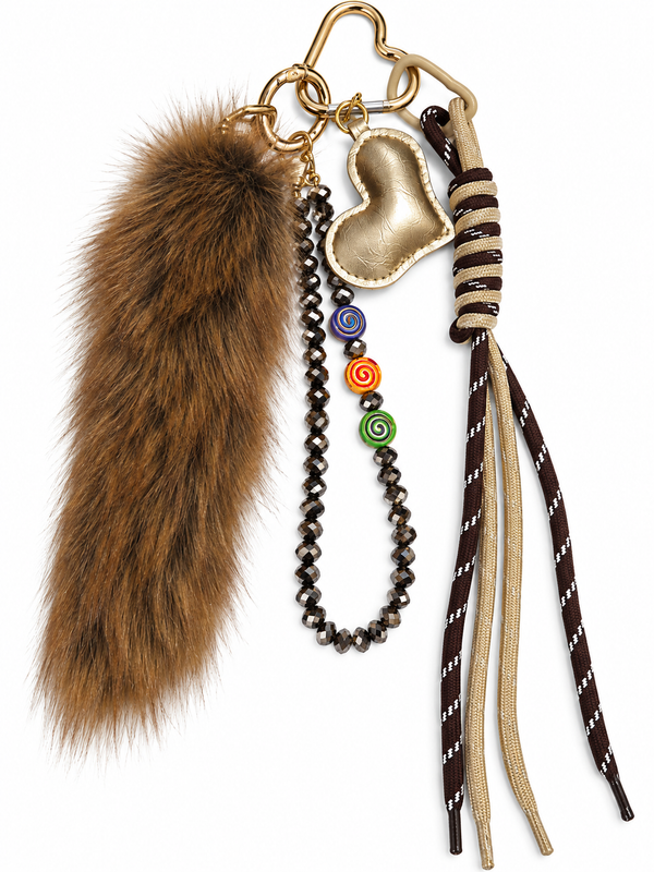 Bijou de sac et porte-clés fourrure marron avec cœur doré et perles