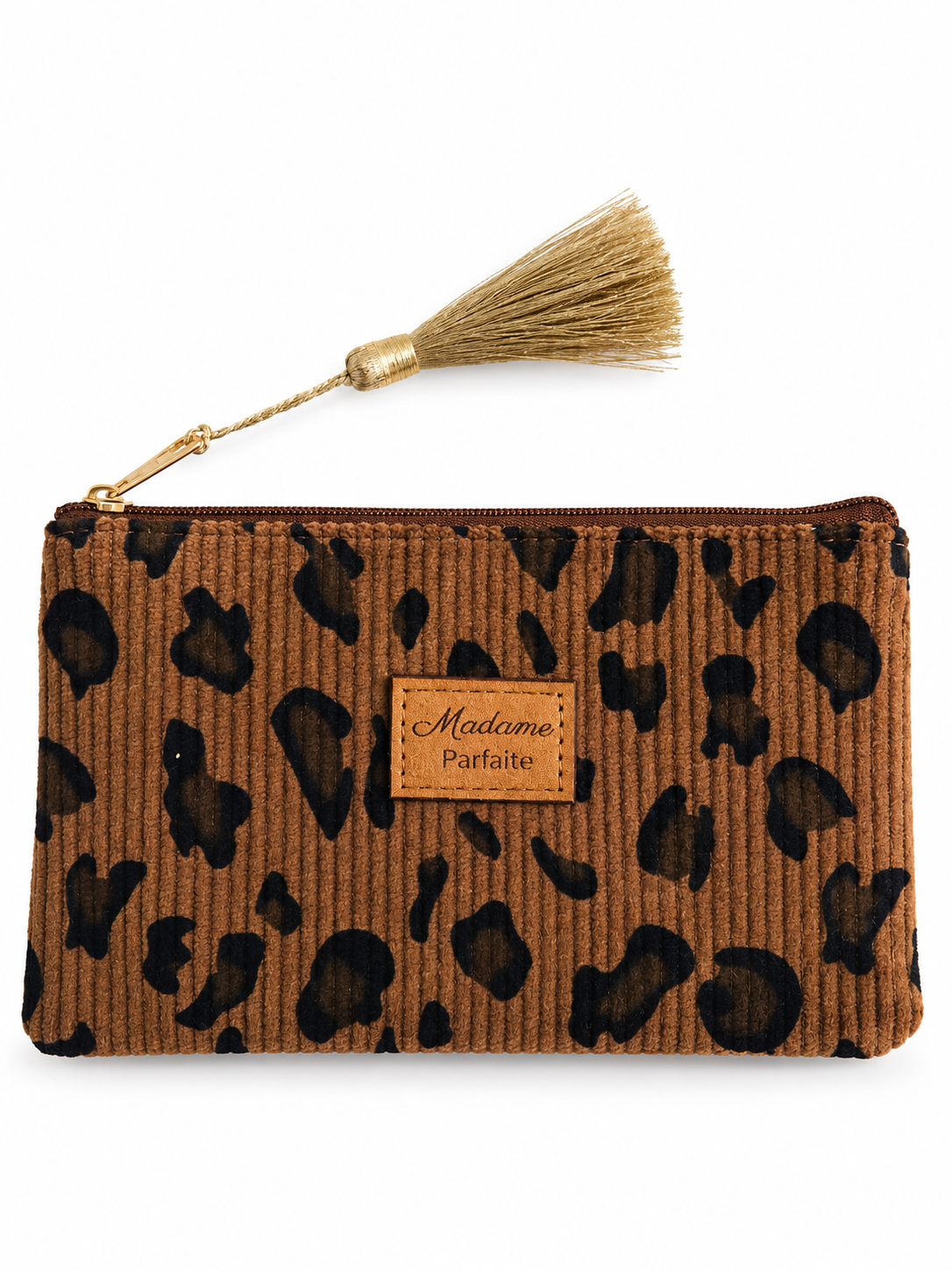 Pochette côtelée léopard camel Madame Parfaite avec pompon doré
