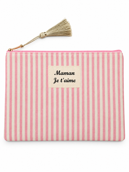 Pochette à rayures roses Maman Je t'aime avec pompon doré
