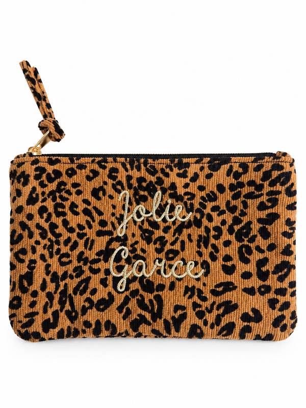 Pochette côtelée imprimé léopard brodée Jolie garce en fil doré
