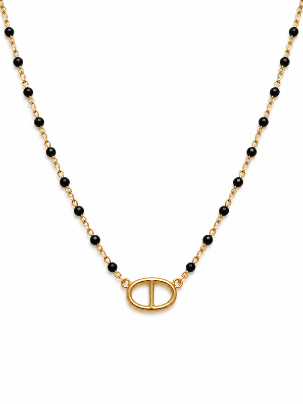 Collier perles noires et maille marine