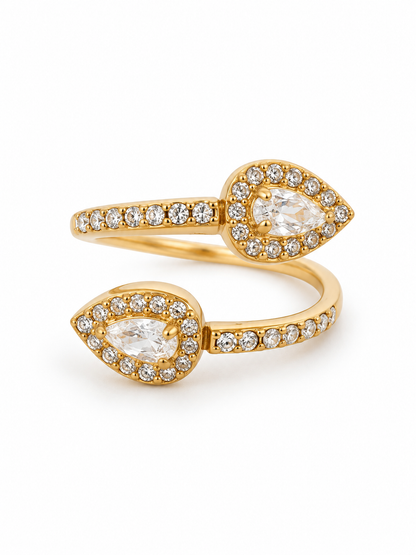 Bague NYSELIA : deux gouttes de zircons sur bague ouverte