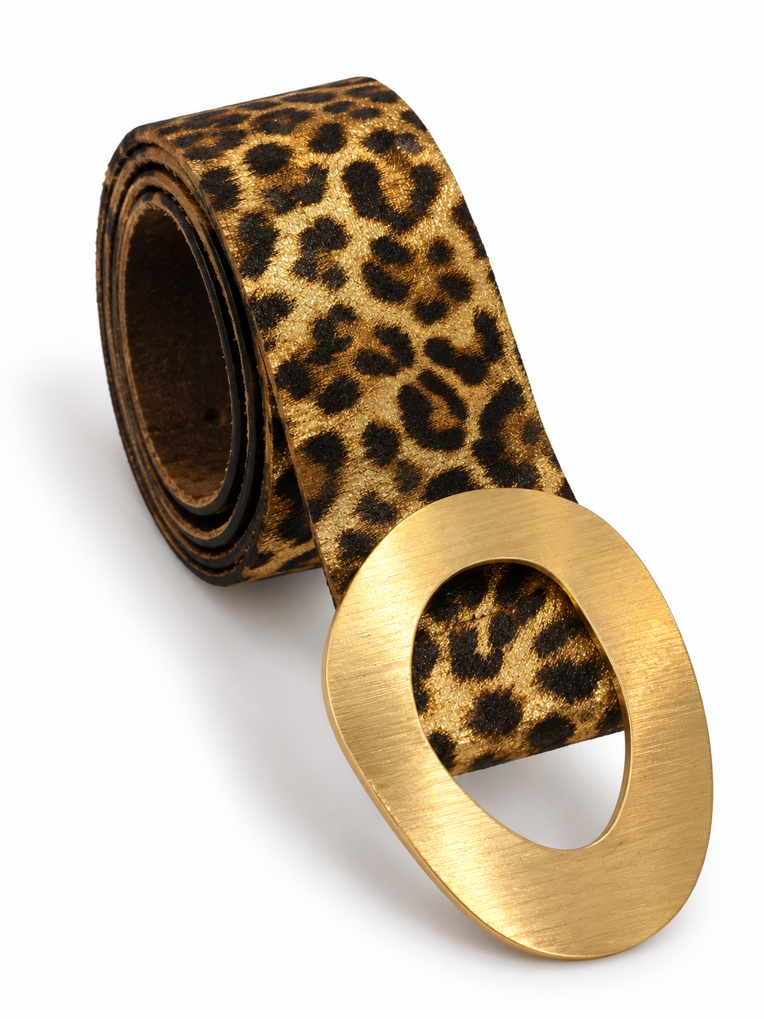 Ceinture en cuir léopard doré brillant avec grosse boucle ovale dorée