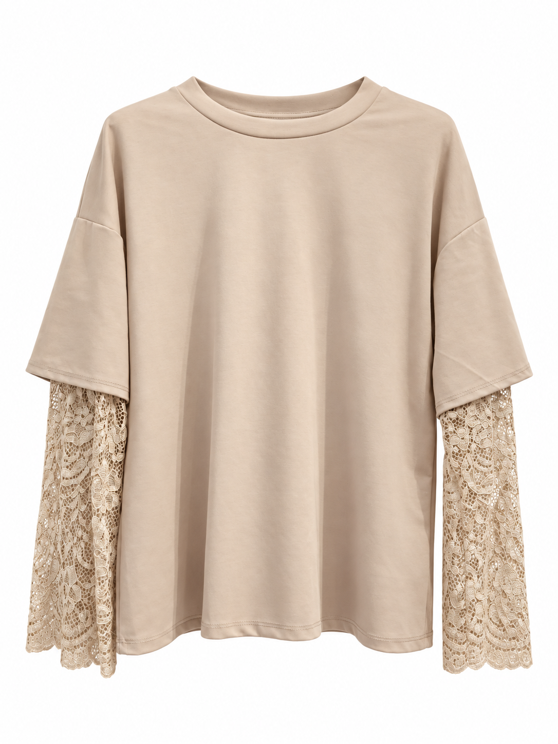 T-shirt beige oversize à manches longues en dentelle florale