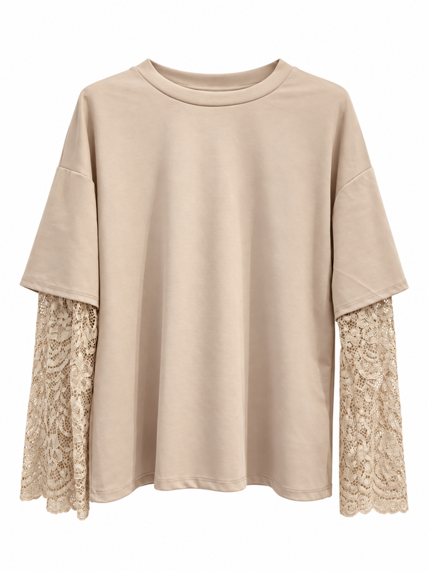 T-shirt beige oversize à manches longues en dentelle florale