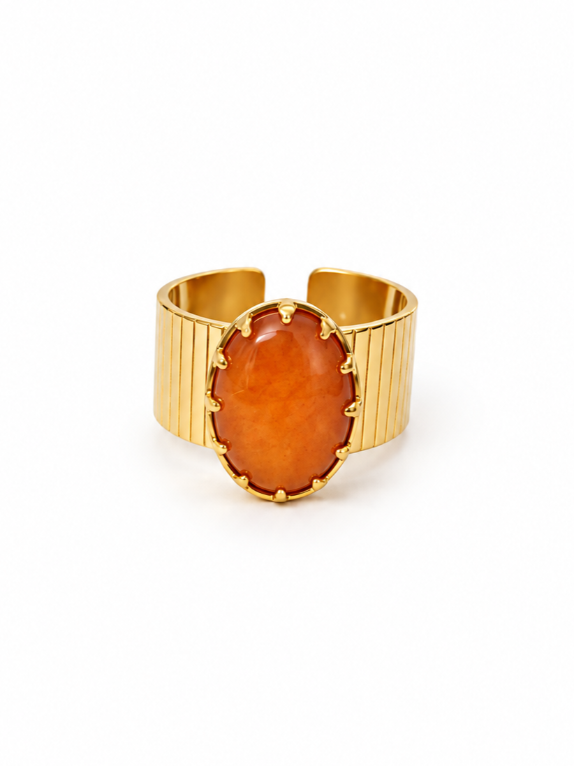 Bague large dorée ajustable pierre orange ovale en acier inoxydable