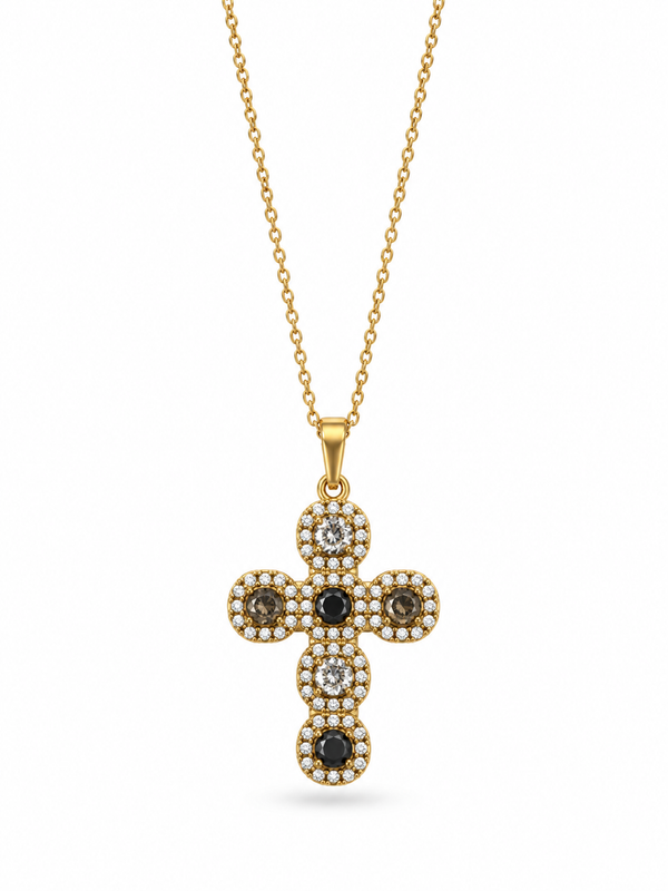 Collier croix zircons acier inoxydable doré