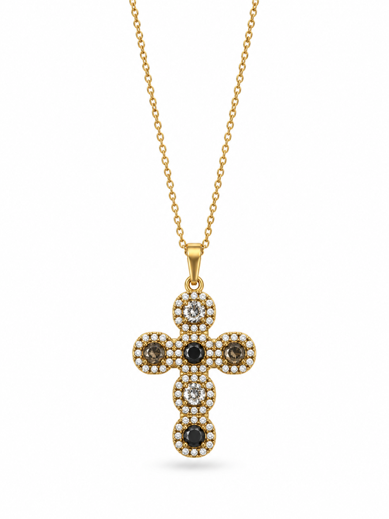 Collier croix zircons acier inoxydable doré