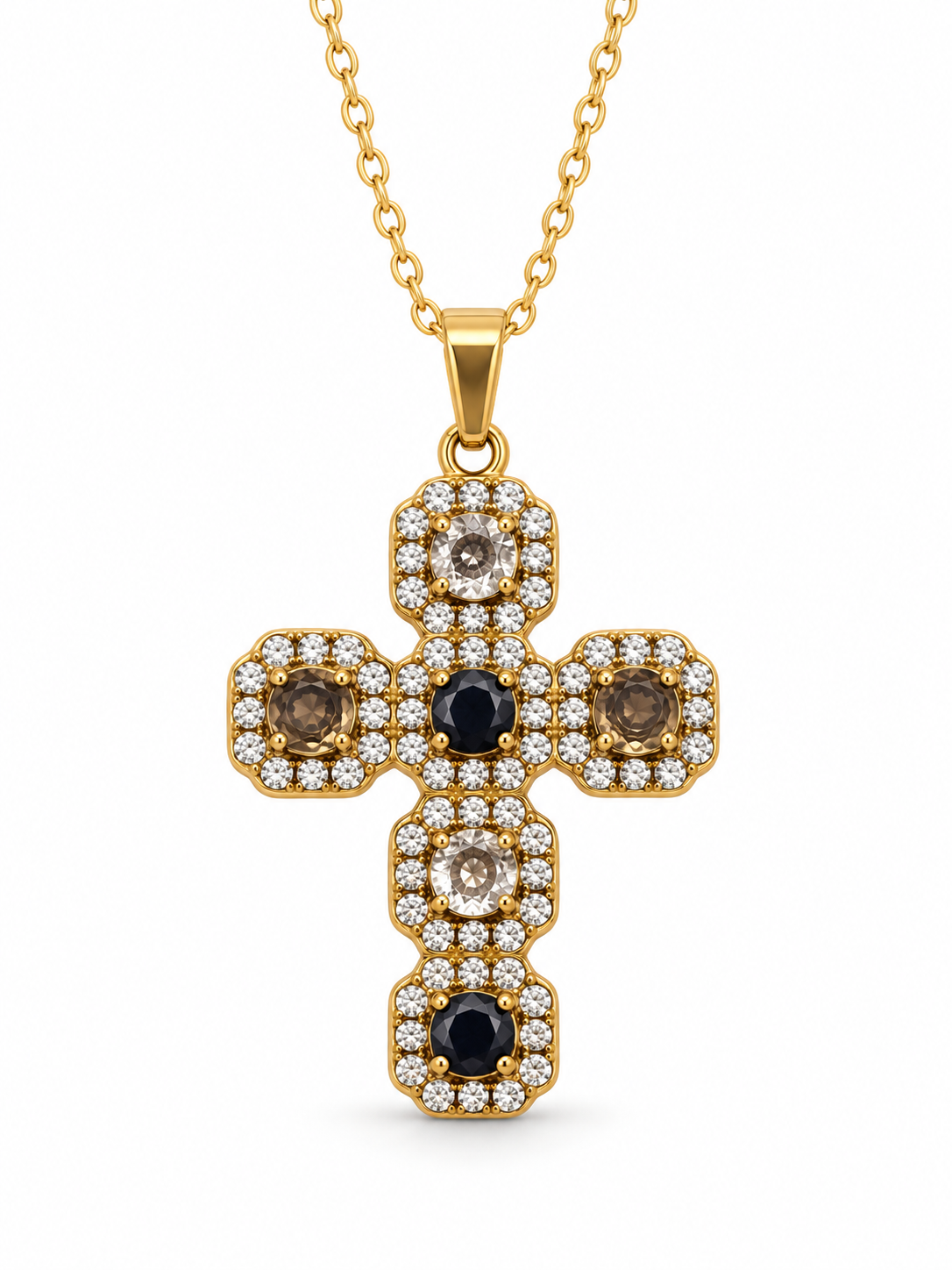 Collier croix zircons noirs fumés et blancs acier inoxydable doré