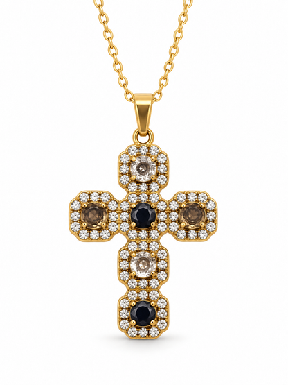 Collier croix zircons noirs fumés et blancs acier inoxydable doré