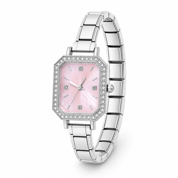Montre Bracelet Italien argentée à personnaliser – CHRONA (cadran rose)
