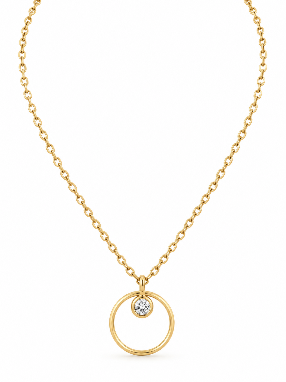 Collier chaîne dorée avec pendentif cercle et zircon serti, en acier inoxydable