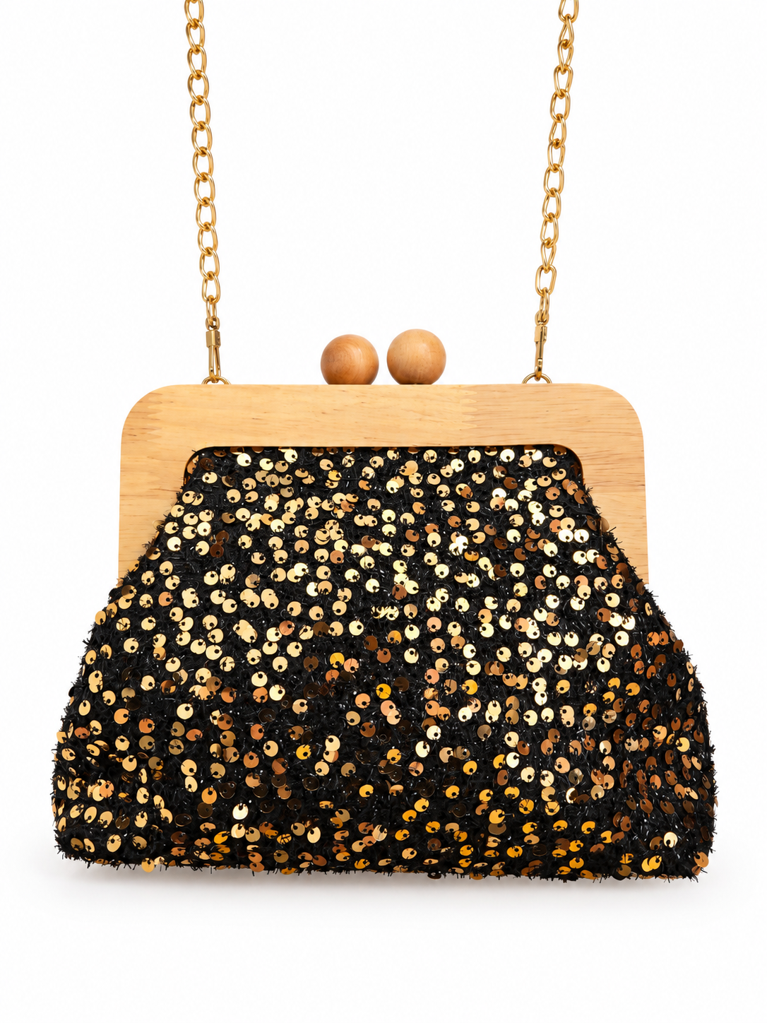 Pochette paillettes dorées fermoir bois