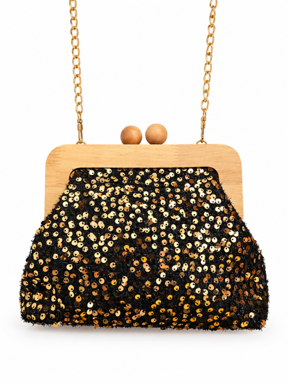 Pochette paillettes dorées fermoir bois