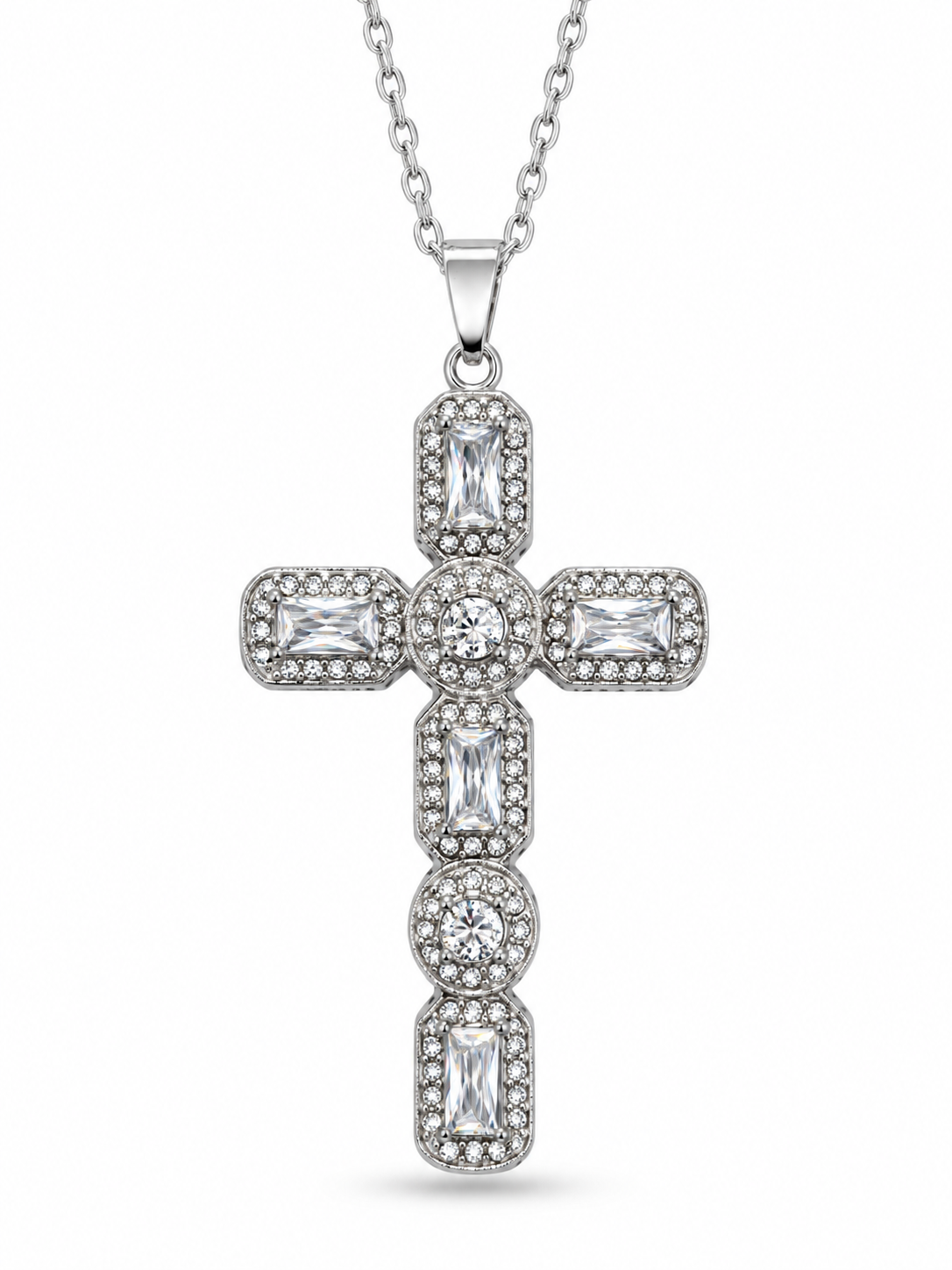 Collier grande croix zircons acier inoxydable argenté