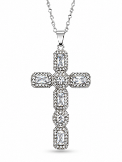 Collier grande croix zircons acier inoxydable argenté