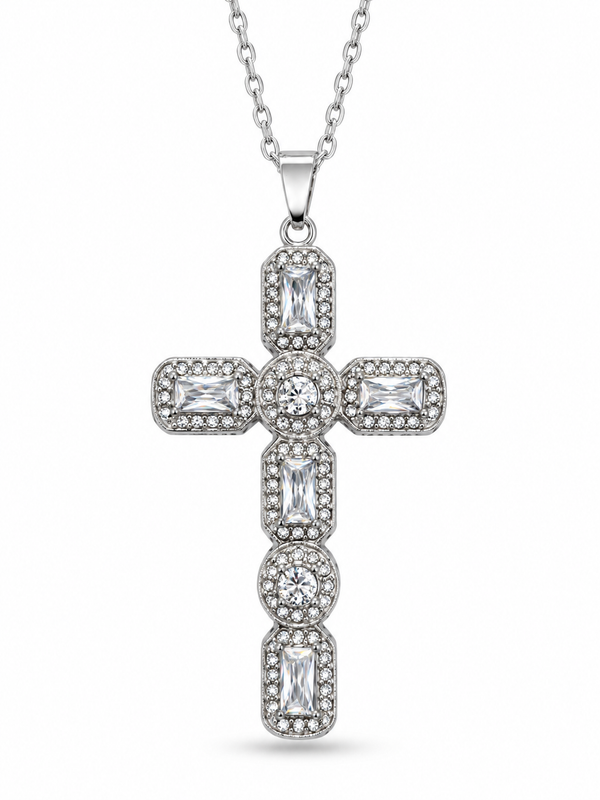 Collier grande croix zircons acier inoxydable argenté