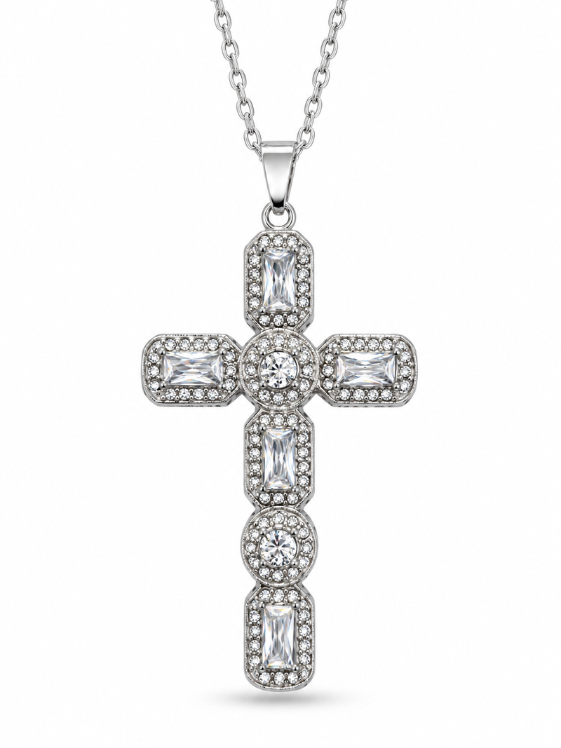 Collier grande croix zircons acier inoxydable argenté