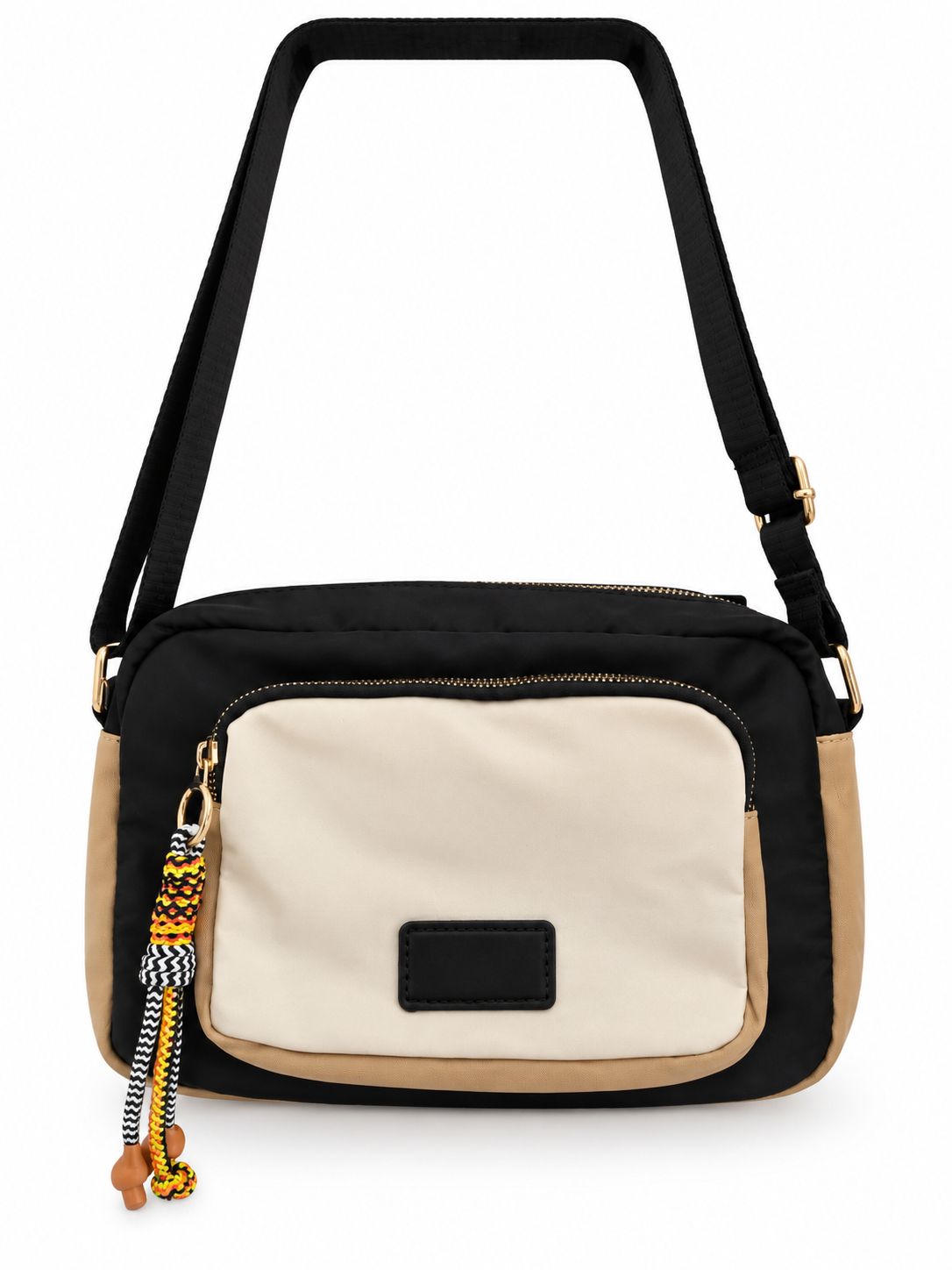 Sac bandoulière noir et beige vu de trois quarts