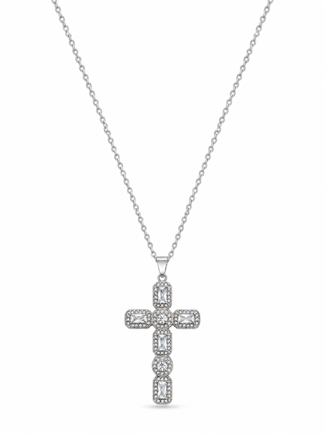 Collier croix zircons baguettes acier inoxydable argenté porté