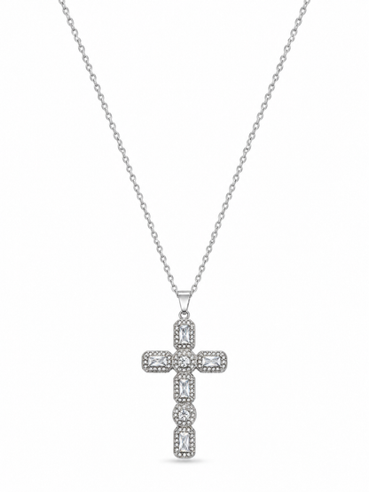 Collier croix zircons baguettes acier inoxydable argenté porté