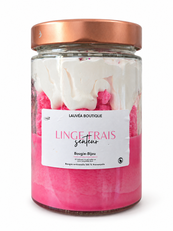 Bougie-bijou gourmande Linge frais, pot en verre et couvercle cuivré