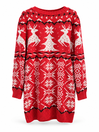 Robe pull de Noël rouge avec rennes, sapin et flocons blancs
