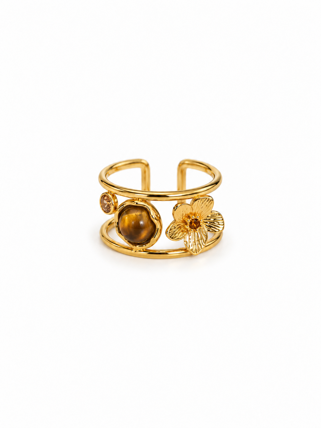 Bague JAGUAR dorée, œil de tigre et fleur