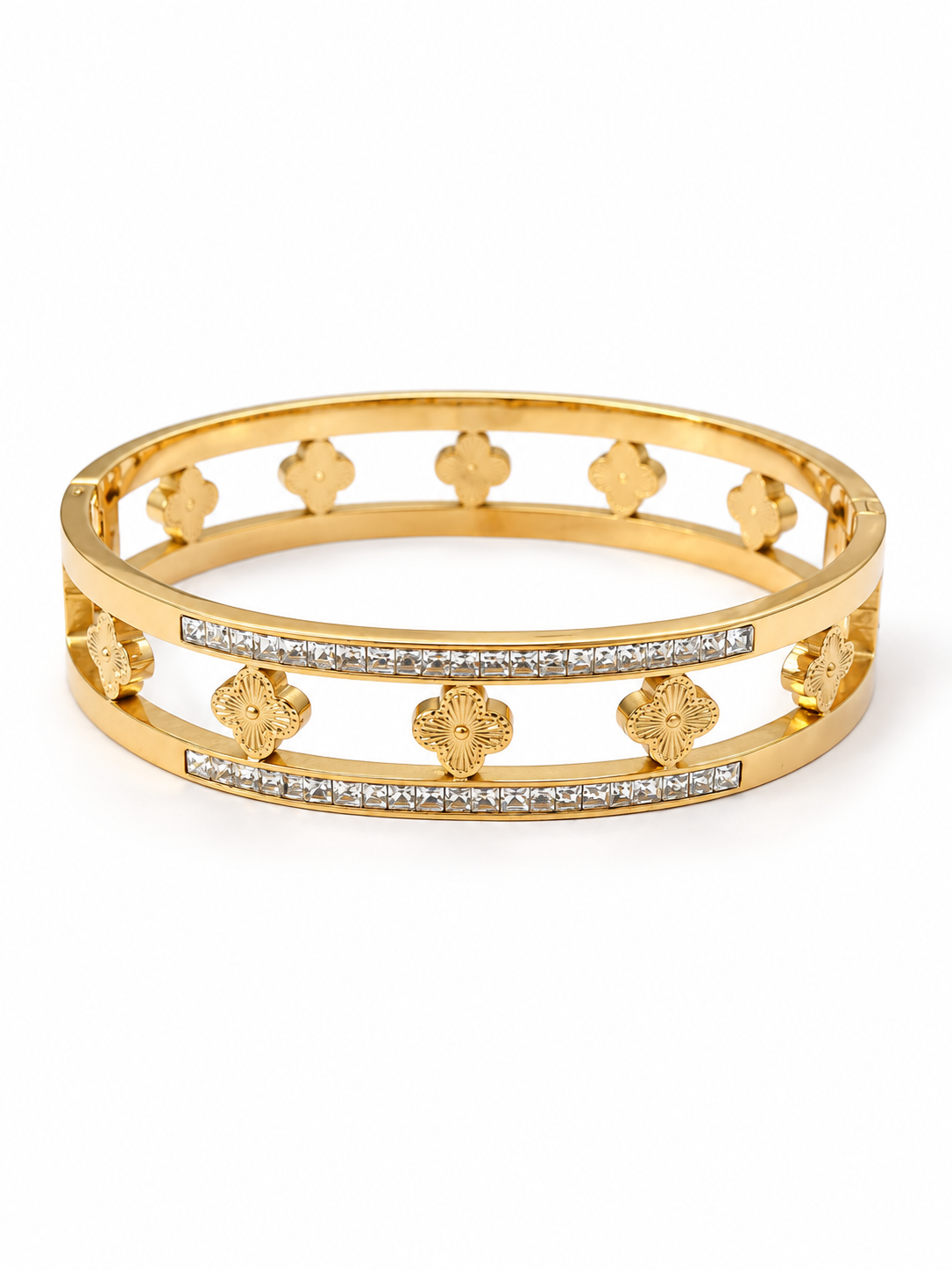 Bracelet jonc rigide doré trèfles et zircons en acier inoxydable