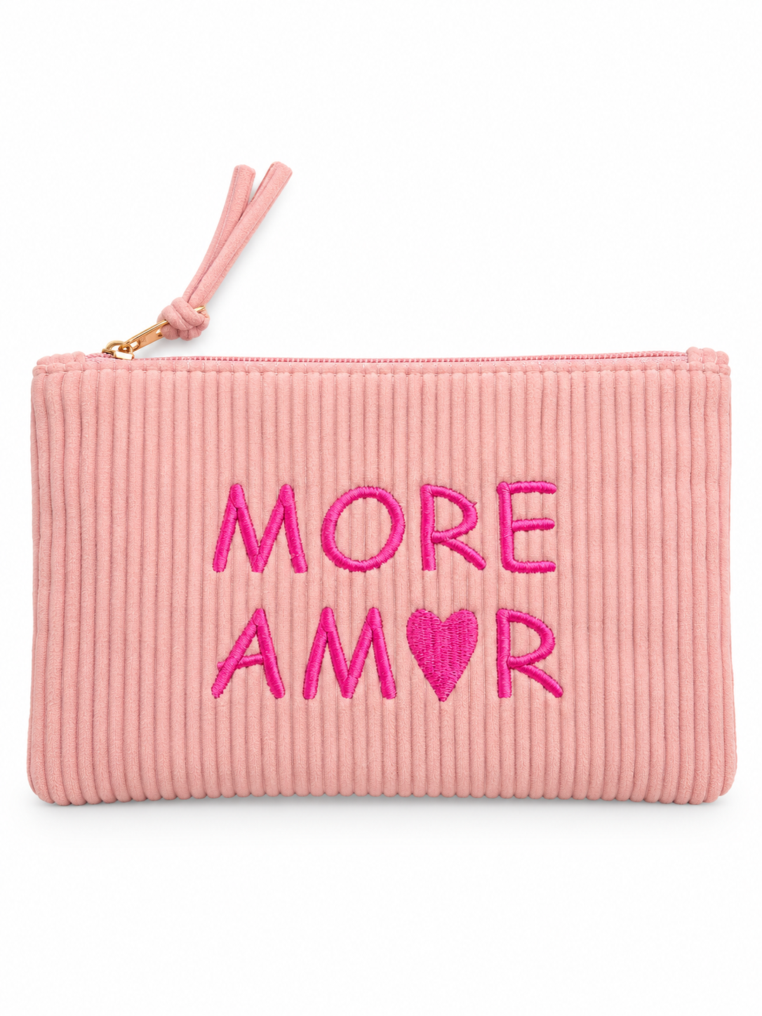 Pochette côtelée rose brodée MORE AMOR avec cœur fuchsia