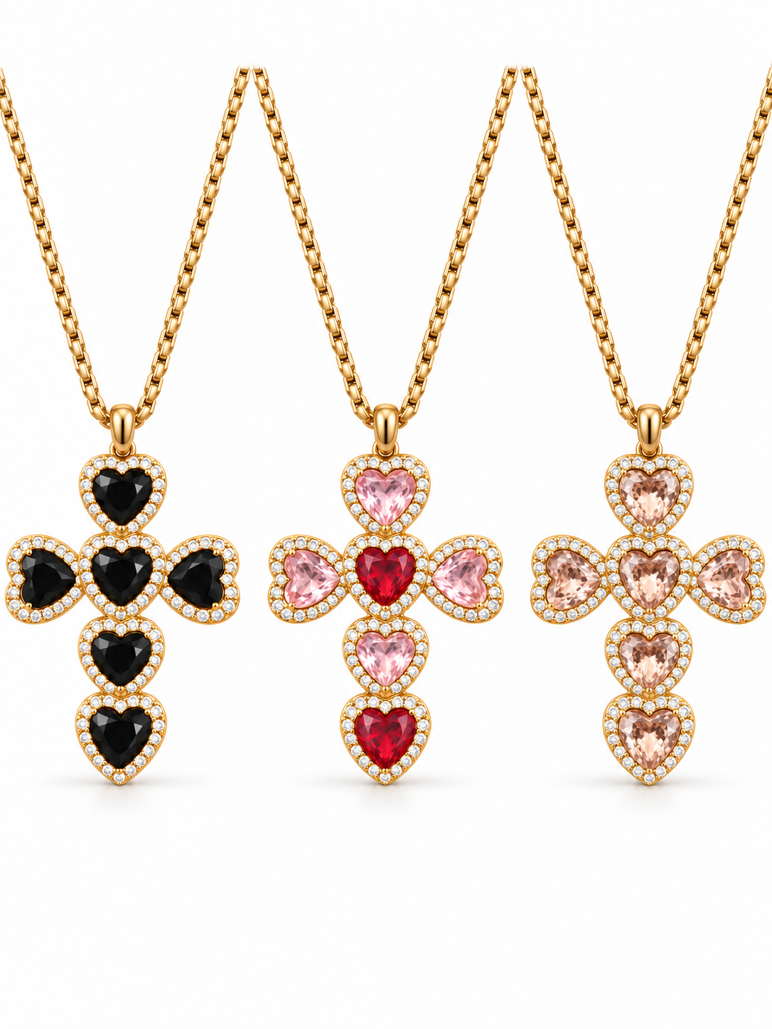Collier croix cœurs acier inoxydable doré, noir, rose et champagne