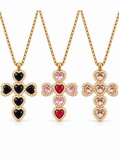 Collier croix cœurs acier inoxydable doré, noir, rose et champagne