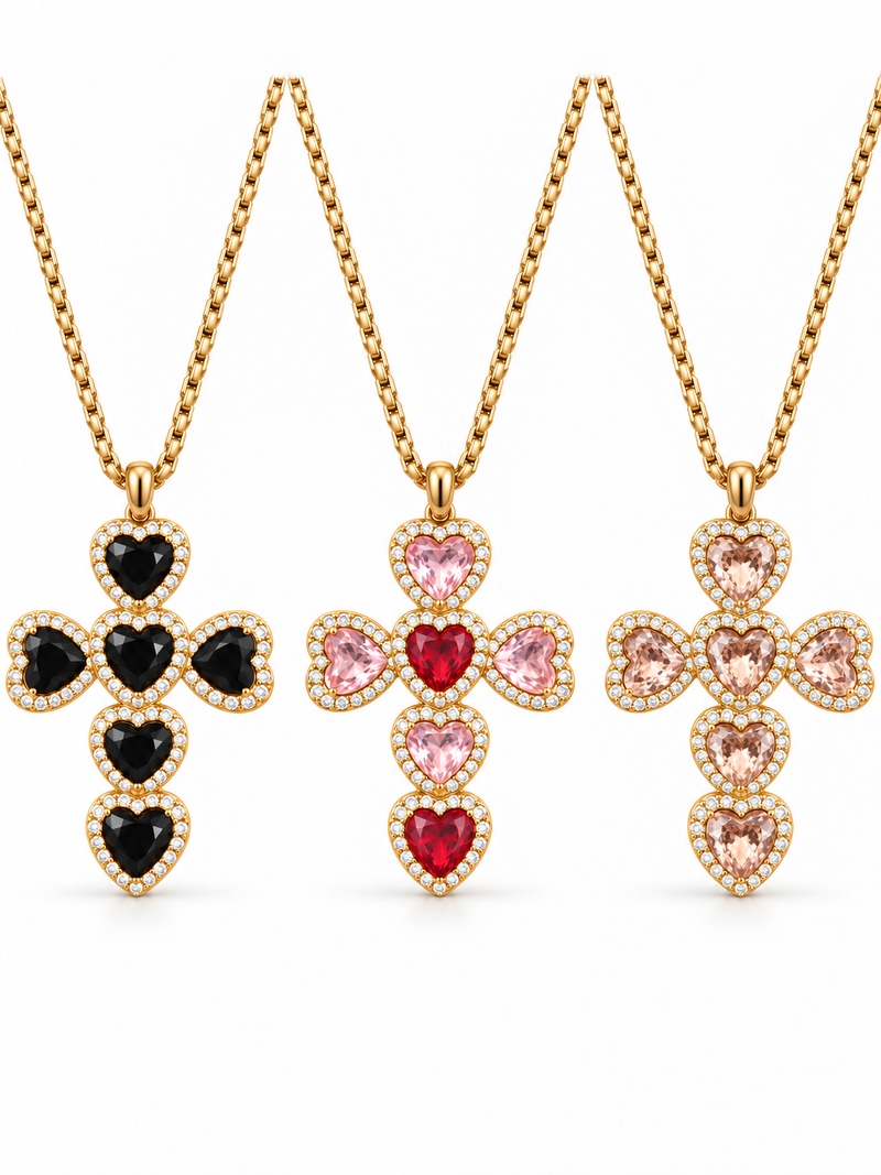 Collier croix cœurs acier inoxydable doré, noir, rose et champagne