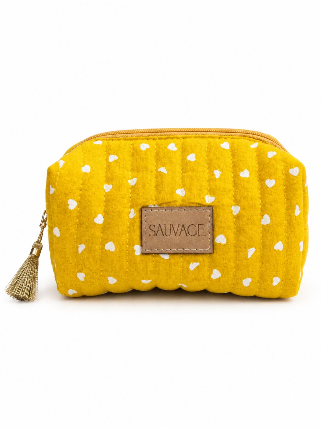 Trousse SAUVAGE jaune moutarde à petits cœurs blancs, vue de face